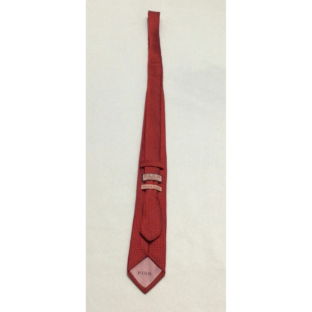 Thomas Pink Mens Silk Tie Red Micro Check Geometric Woven In England Necktie